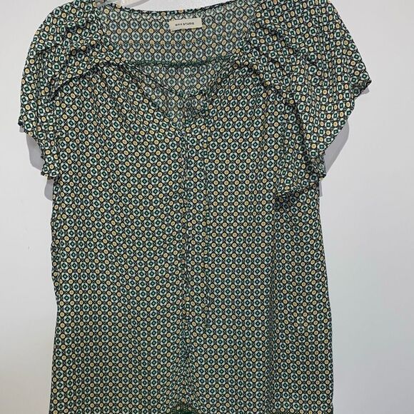Max Studio Women's Green Yellow Geometric Chiffon Tie Neck Blouse Top Size Large - Picture 1 of 9